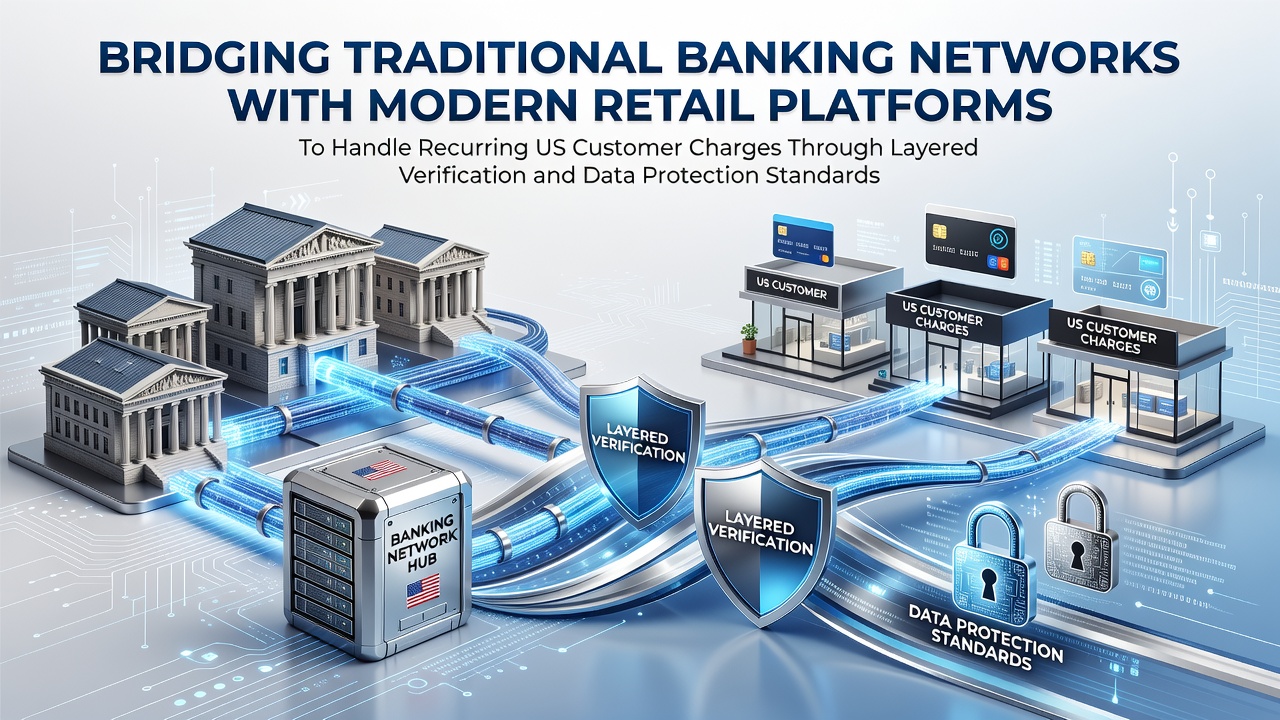 Traditional banking networks connecting to modern retail platforms via secure verification layers for recurring US customer charges