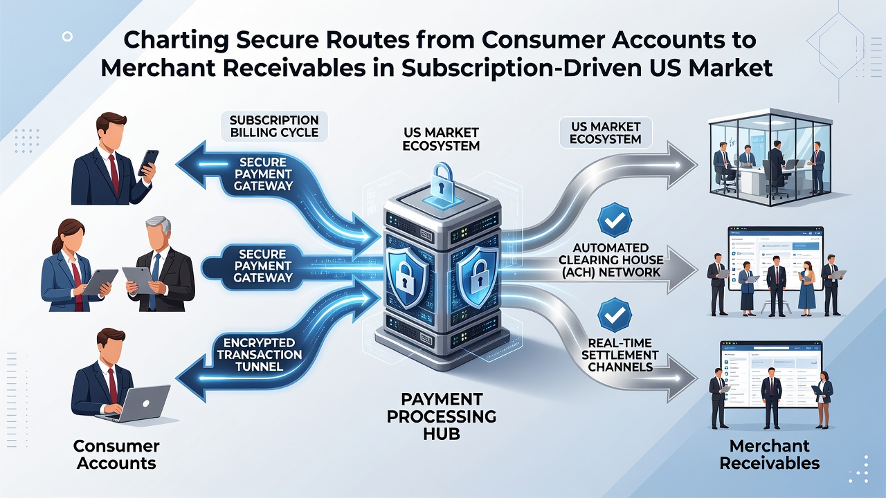 Diagram showing data flow from verified consumer accounts through secure channels to merchant receivable accounts