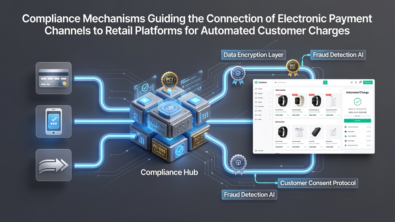 Diagram showing secure connections between electronic payment channels and retail platforms with compliance layers highlighted
