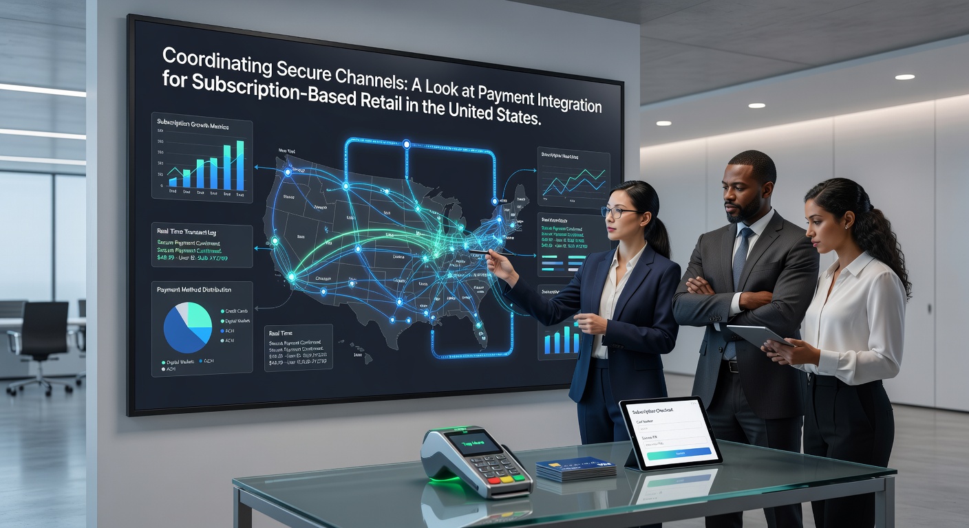 Secure payment integration systems coordinating channels for US subscription retail with digital network diagrams and encryption layers