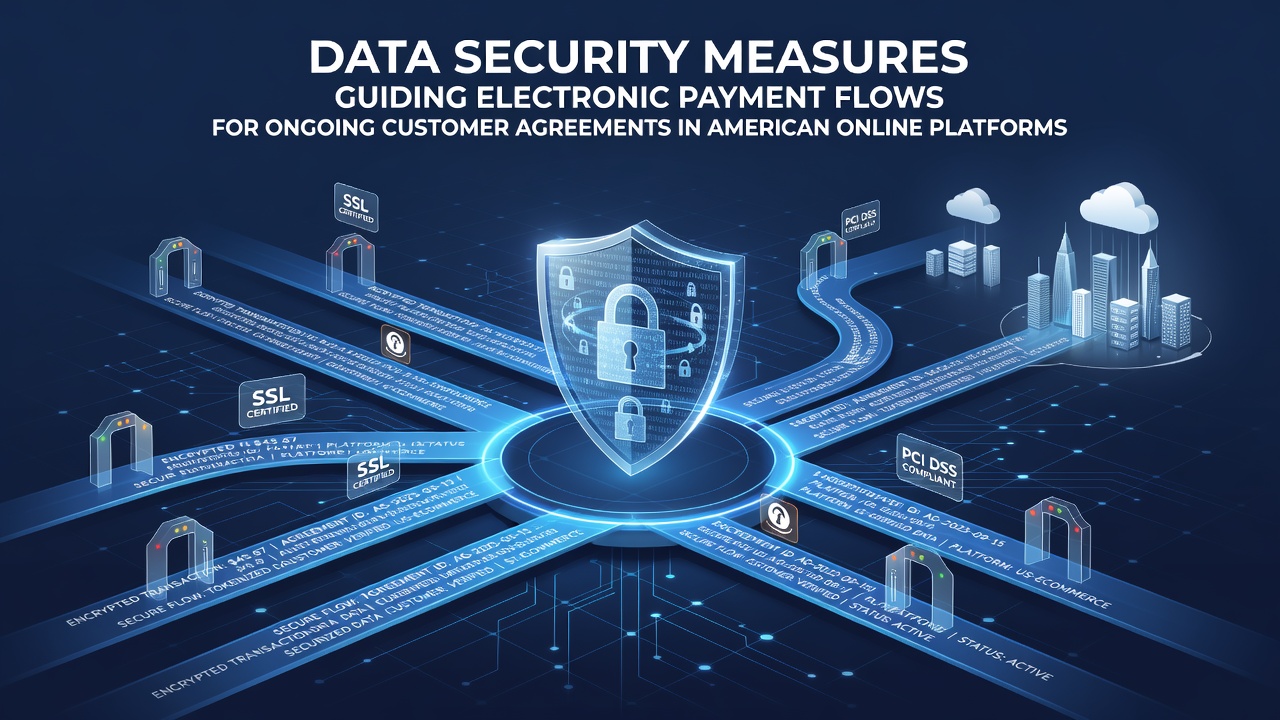 Electronic payment security visualization showing encrypted data flows between banks and online platforms