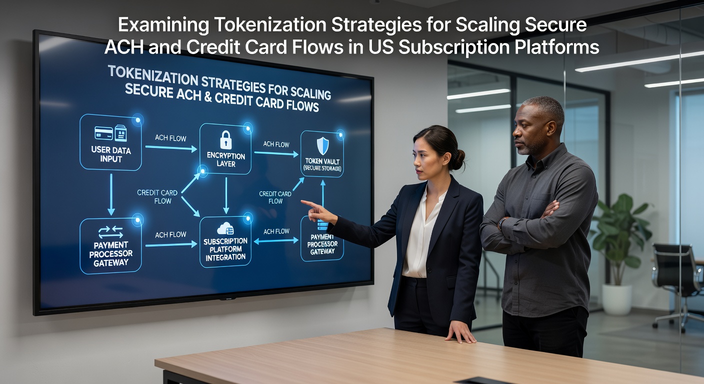Tokenization workflow diagram showing secure ACH and credit card data replacement with tokens in subscription billing systems