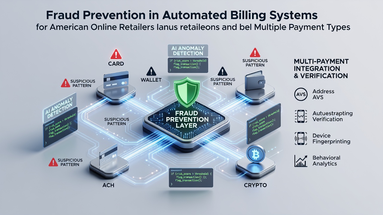 Automated billing dashboard showing fraud detection alerts across credit card and ACH transactions