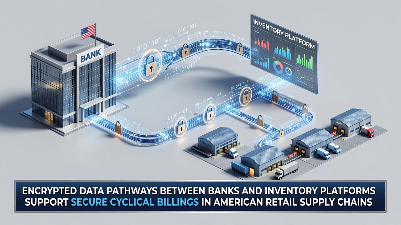 Encrypted data flow diagram showing secure connections between banks and retail inventory systems
