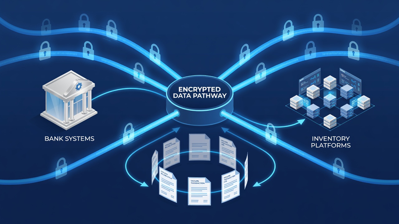 Retail supply chain network illustrating encrypted bank-to-inventory platform connections