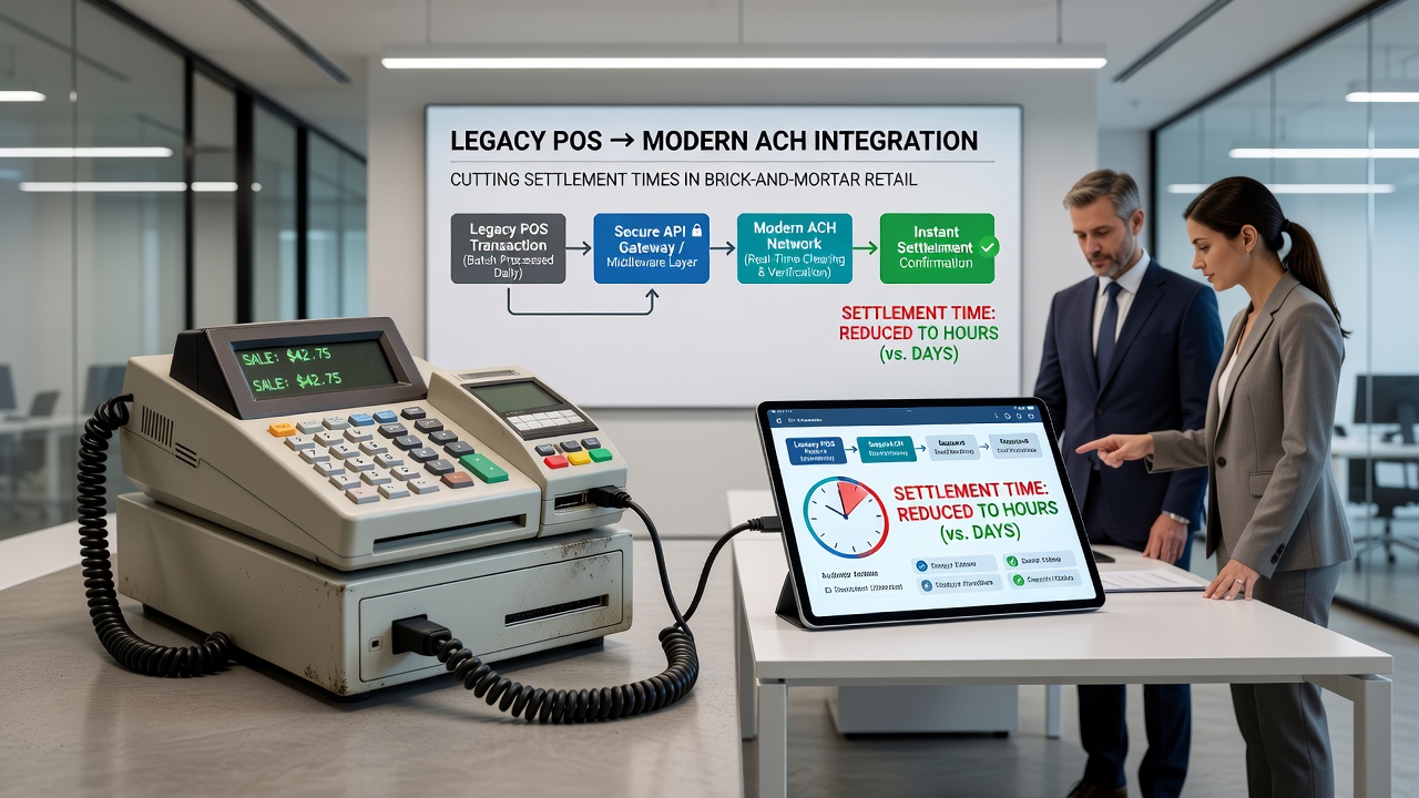 Diagram showing data flow from retail POS systems through middleware to ACH settlement networks