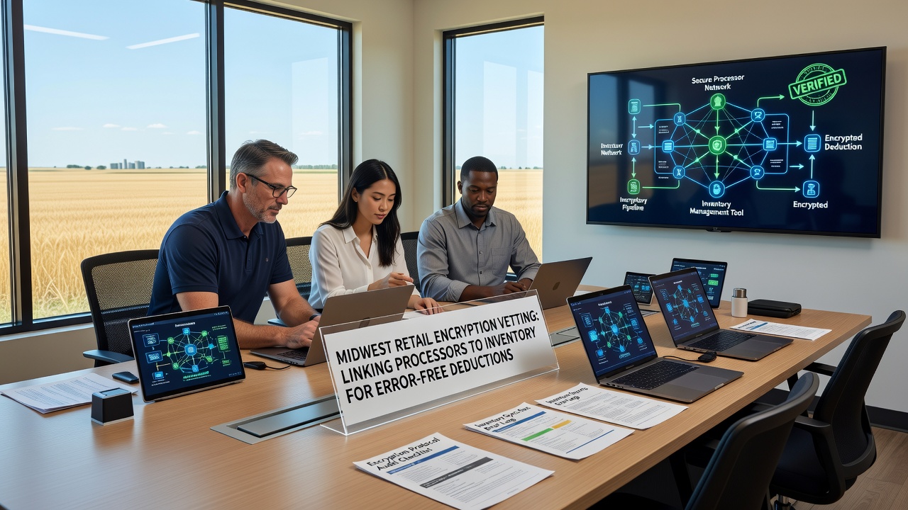 Midwestern retailer reviewing encryption protocol documentation on a laptop in a warehouse setting