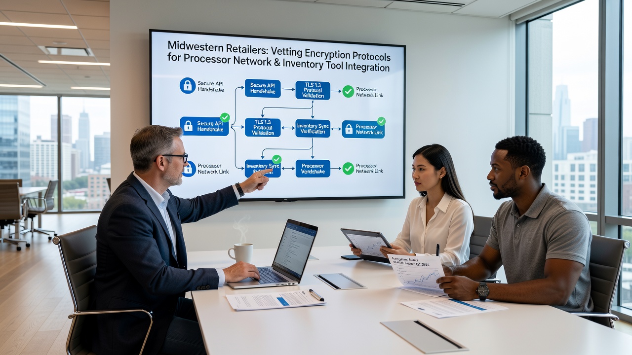 Technical team analyzing network encryption logs between payment processors and inventory databases