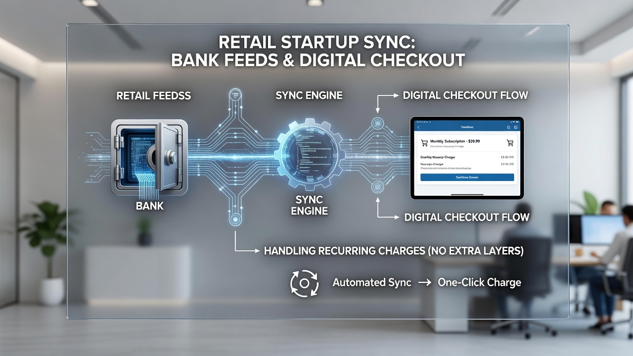 Retail startup checkout interface showing bank feed integration for recurring payments