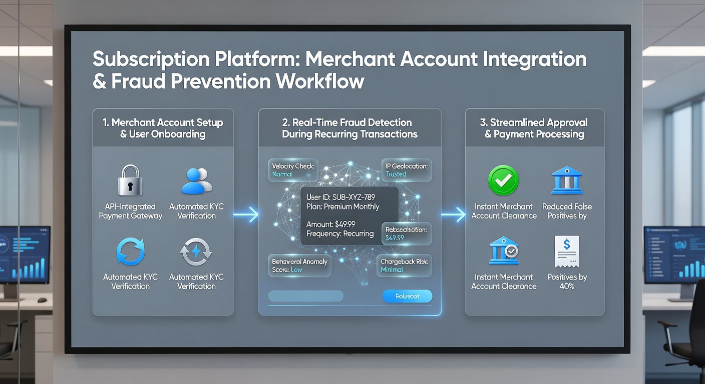 Flowchart illustrating automated fraud screening process in subscription merchant accounts