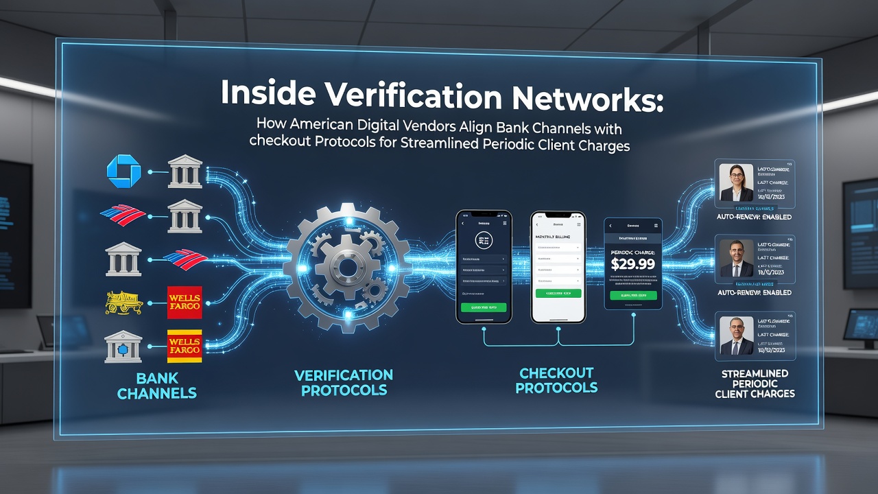 Diagram showing verification networks connecting US banks with digital checkout systems for recurring payments