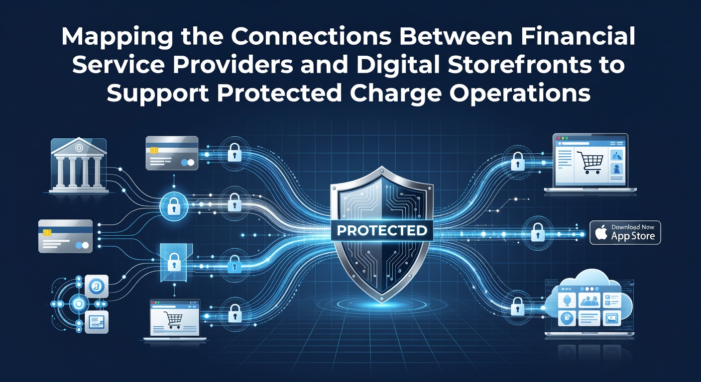 Diagram showing connections between financial service providers and digital storefronts for secure charge processing