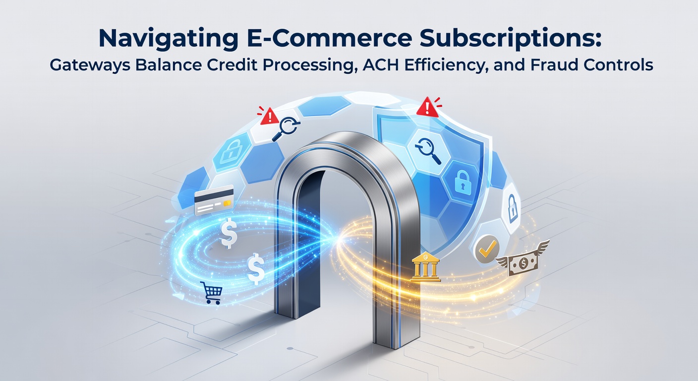 Digital dashboard showing payment gateways juggling credit cards, ACH transfers, and fraud alerts in a subscription ecosystem