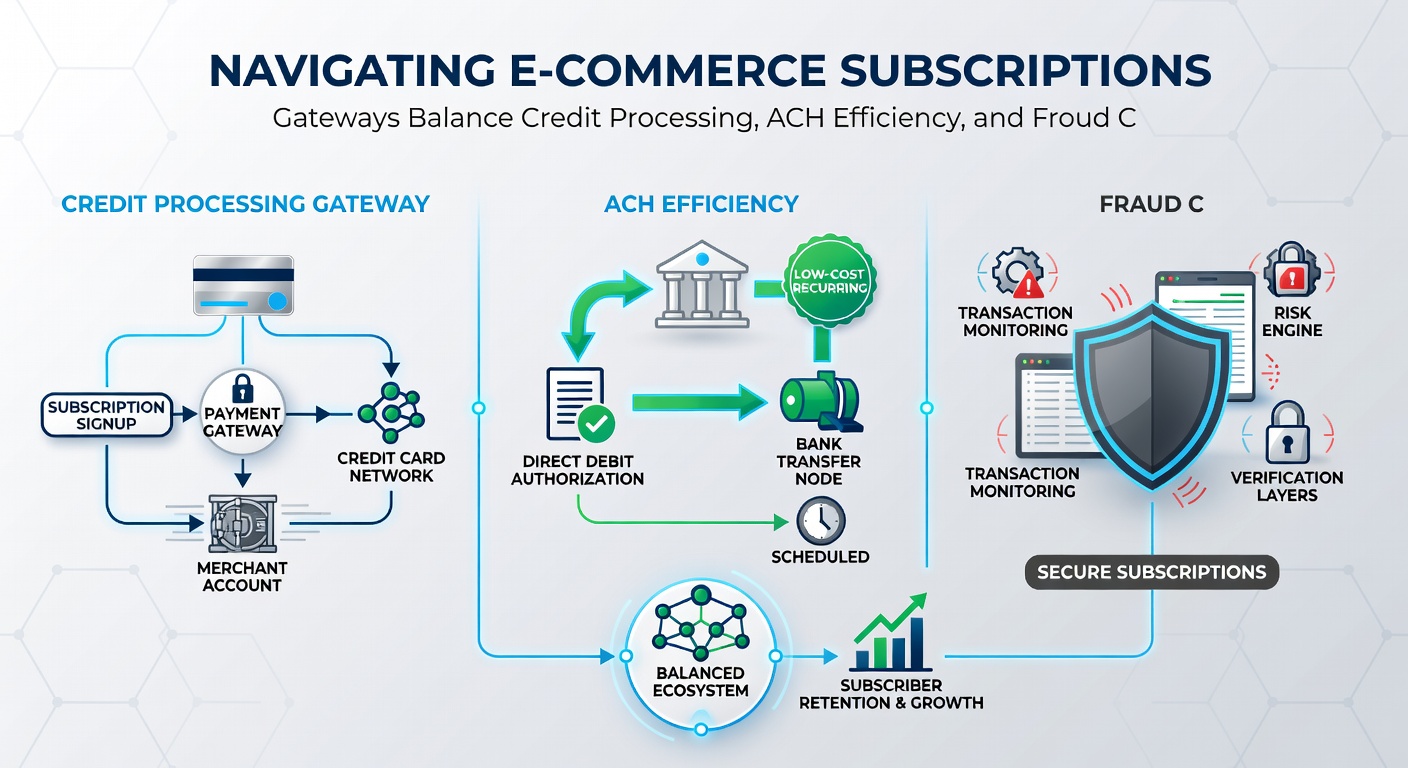 Flowchart illustrating ACH integration in gateways alongside credit processing and fraud detection layers for e-commerce subscriptions