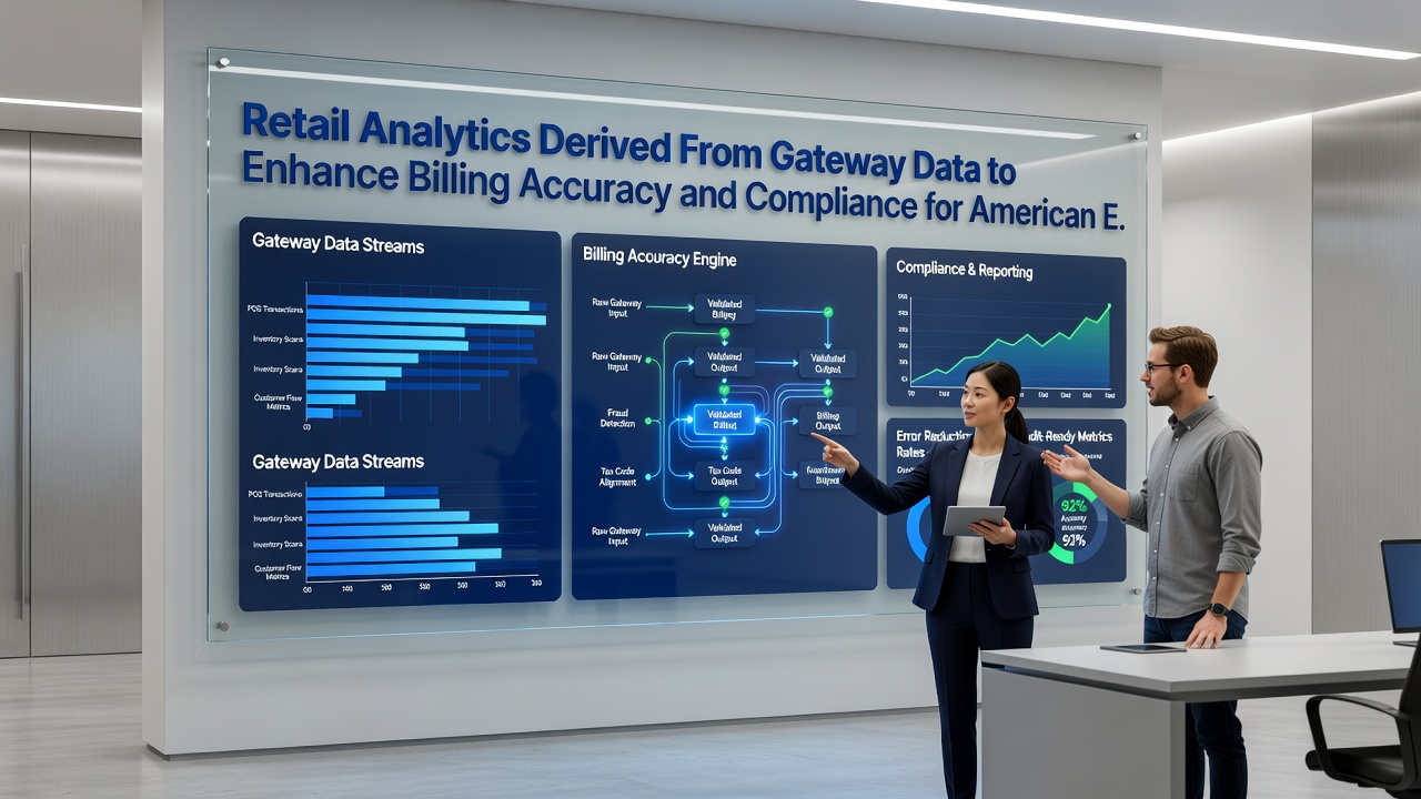 Analytics interface displaying compliance metrics and billing accuracy reports from gateway data streams