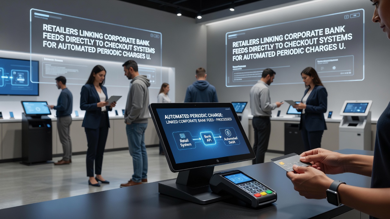 Secure data flow diagram showing bank feed integration with retail checkout under compliance rules