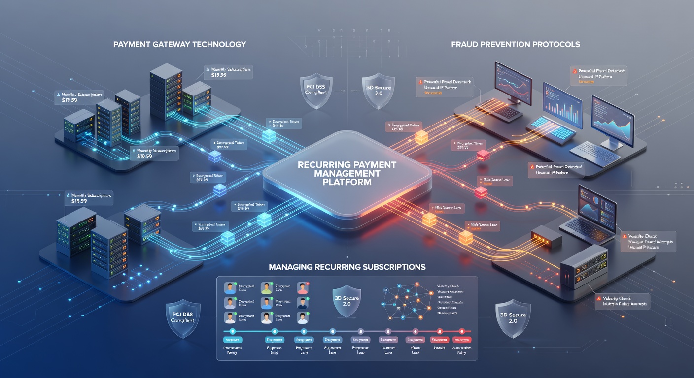 Secure recurring payment flow diagram with fraud prevention checkpoints