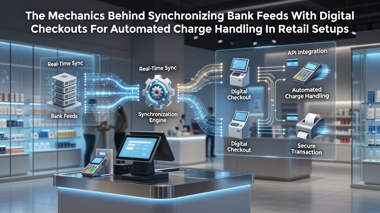 Technical diagram illustrating bank feed synchronization pathways connected to digital checkout interfaces in retail payment systems
