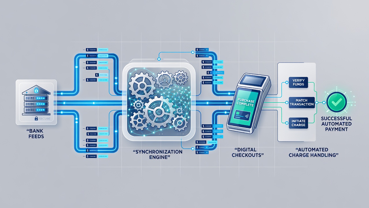 Flowchart depicting data synchronization steps between retail checkout modules and bank feed endpoints