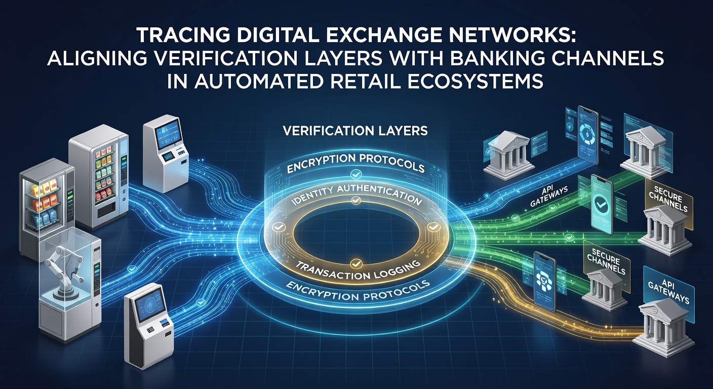 Digital network diagram showing verification layers connected to banking channels in retail automation