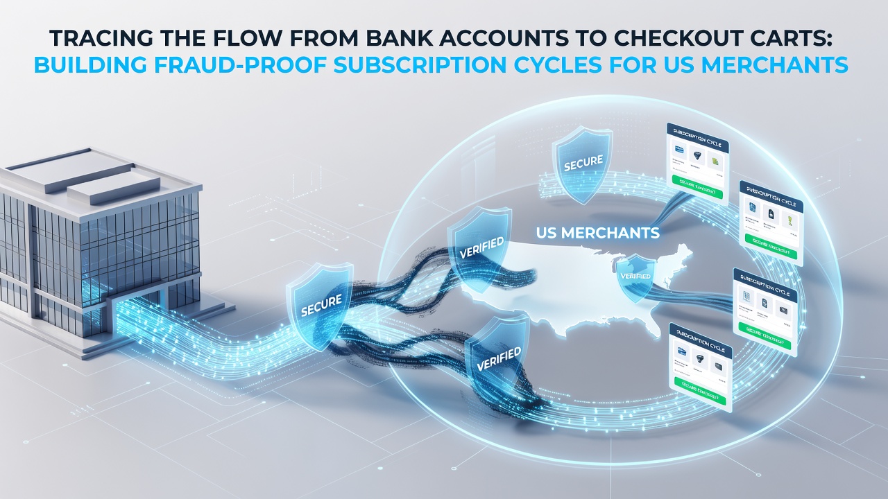Diagram showing the secure flow from bank accounts through verification layers to subscription checkout carts for US merchants