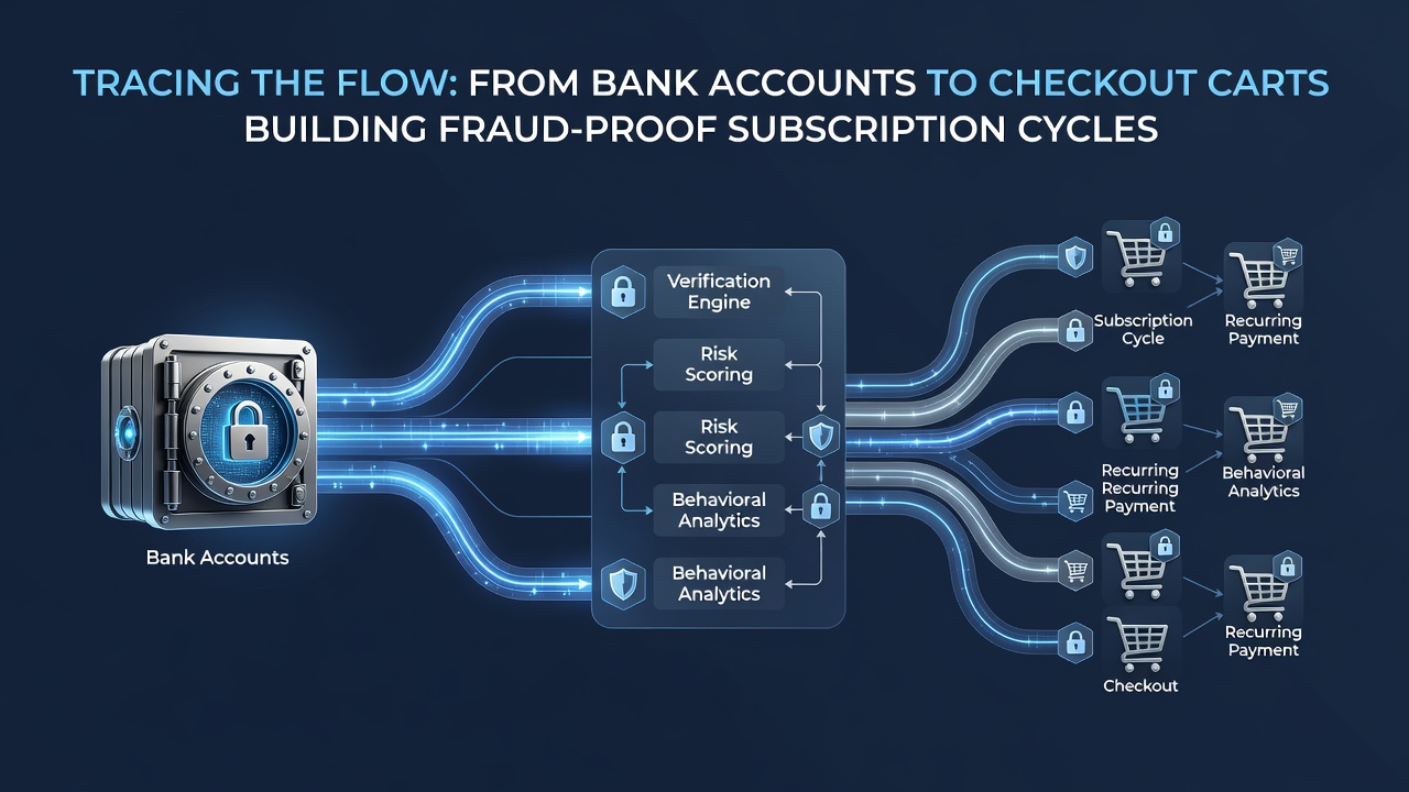 Illustration of encrypted data pathways linking US bank accounts to subscription checkout systems with fraud detection checkpoints