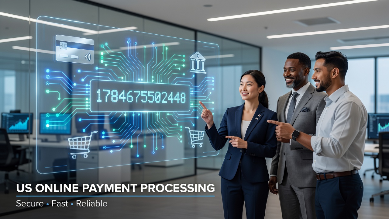 Overview of US online payment processing infrastructure showing digital transaction flows between merchants, banks, and processors